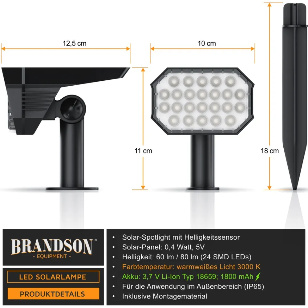 Brandson 6x LED Gartenstrahler Solar Erdspießleuchte, Akku Gartenleuchte, Solarspotlight Wandmontage, Ein-/Ausschalter; mehrere Helligkeitsstufen, LED fest integriert, Warmweiß, Solarstrahler 80 Lumen, Solarleuchte warnweiß, für Garten, Balkon IP65 Sale