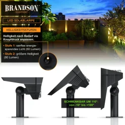 Brandson 6x LED Gartenstrahler Solar Erdspießleuchte, Akku Gartenleuchte, Solarspotlight Wandmontage, Ein-/Ausschalter; mehrere Helligkeitsstufen, LED fest integriert, Warmweiß, Solarstrahler 80 Lumen, Solarleuchte warnweiß, für Garten, Balkon IP65 Sale