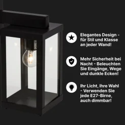 Brilliant Gaia Wandlampe mit Schalter Hanging - Klassische Laterne im Vintage-Stil für den Außenbereich, schwarz, IP44, aus Glas & Metall, Außenwandleuchten E27