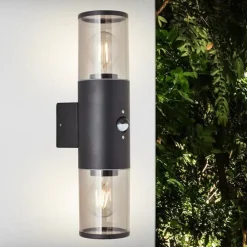 Sergioro Außenwandleuchte 2flg Bewegungsmelder schwarz matt | 2x A60, E27, 20W, geeignet für Normallampen (nicht enthalten) ^ Brilliant Outlet