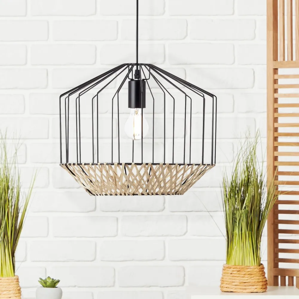Brilliant Templo Pendelleuchte 37cm schwarz/natur Innenleuchten,Pendelleuchten | 1x A60, E27, 40W, geeignet für Normallampen (nicht enthalten) | In der Höhe einstellbar / Kabel kürzbar