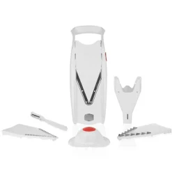 V5 PowerLine Plus Set Gemüsehobel, Obst- & Gemüseschneider mit Fruchthalter, Scheibeneinschub, Sparschäler, 10 Schnittarten, 6 tlg. Set, Weiß ^ Börner Best