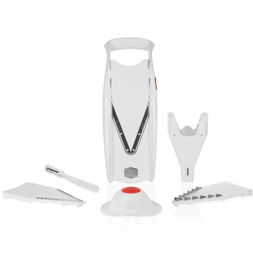 V5 PowerLine Plus Set Gemüsehobel, Obst- & Gemüseschneider mit Fruchthalter, Scheibeneinschub, Sparschäler, 10 Schnittarten, 6 tlg. Set, Weiß ^ Börner Best