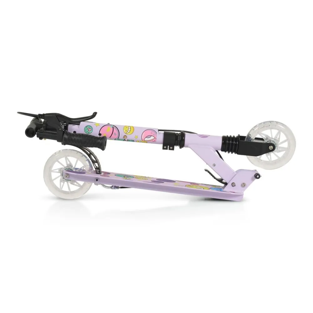 Kinderroller Snazzy faltbar Hinterradbremse Seitenständer LED-Räder 100 kg lila ^ Byox