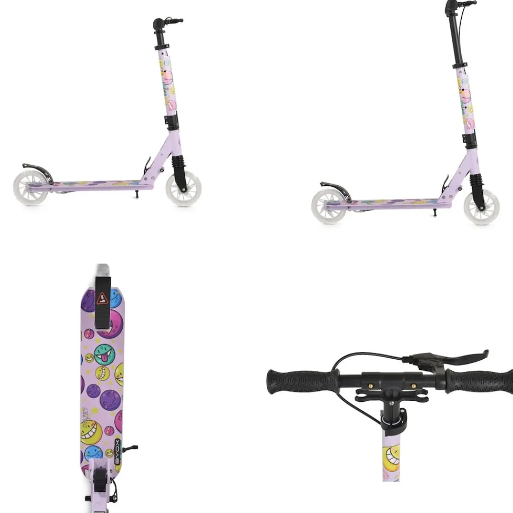 Kinderroller Snazzy faltbar Hinterradbremse Seitenständer LED-Räder 100 kg lila ^ Byox