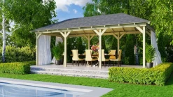 CHILLROI Rechteckiger Holzpavillon mit Verlängerung 289 x 639 cm | Gartenpavillon | Terrassenüberdachung ^ Karibu New