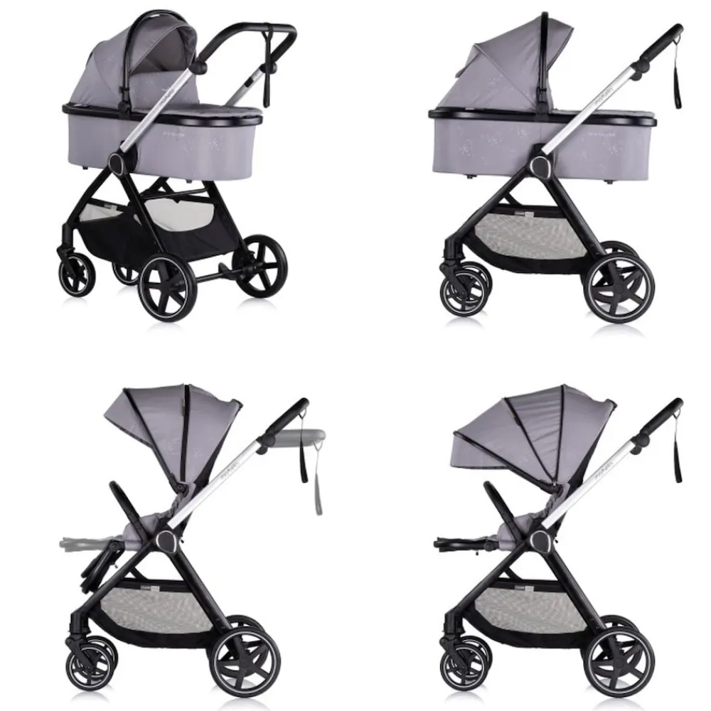 Chipolino Kombikinderwagen 3 in1 Marbella Fußabdeckung Einlage i-Size Babyschale grau rosa Clearance