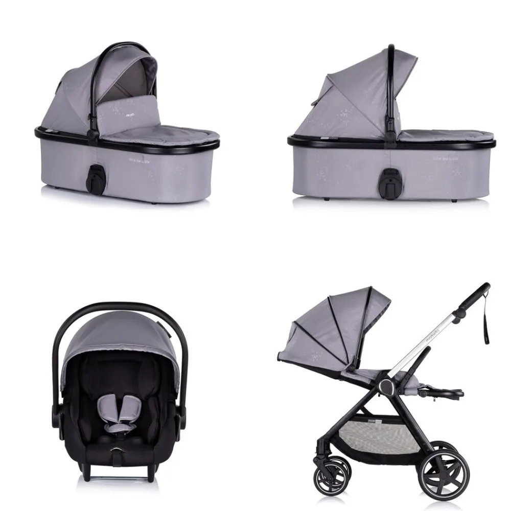 Chipolino Kombikinderwagen 3 in1 Marbella Fußabdeckung Einlage i-Size Babyschale grau rosa Clearance
