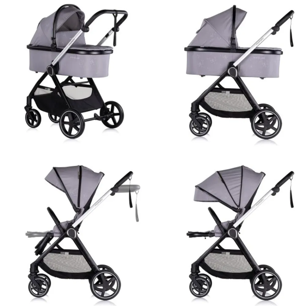 Chipolino Kombikinderwagen 3 in1 Marbella Fußabdeckung Einlage i-Size Babyschale grau rosa Clearance