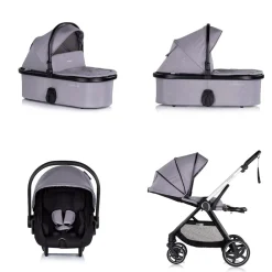 Chipolino Kombikinderwagen 3 in1 Marbella Fußabdeckung Einlage i-Size Babyschale grau rosa Clearance