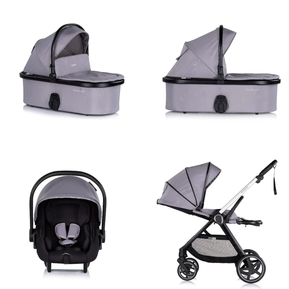 Chipolino Kombikinderwagen 3 in1 Marbella Fußabdeckung Einlage i-Size Babyschale grau rosa Clearance