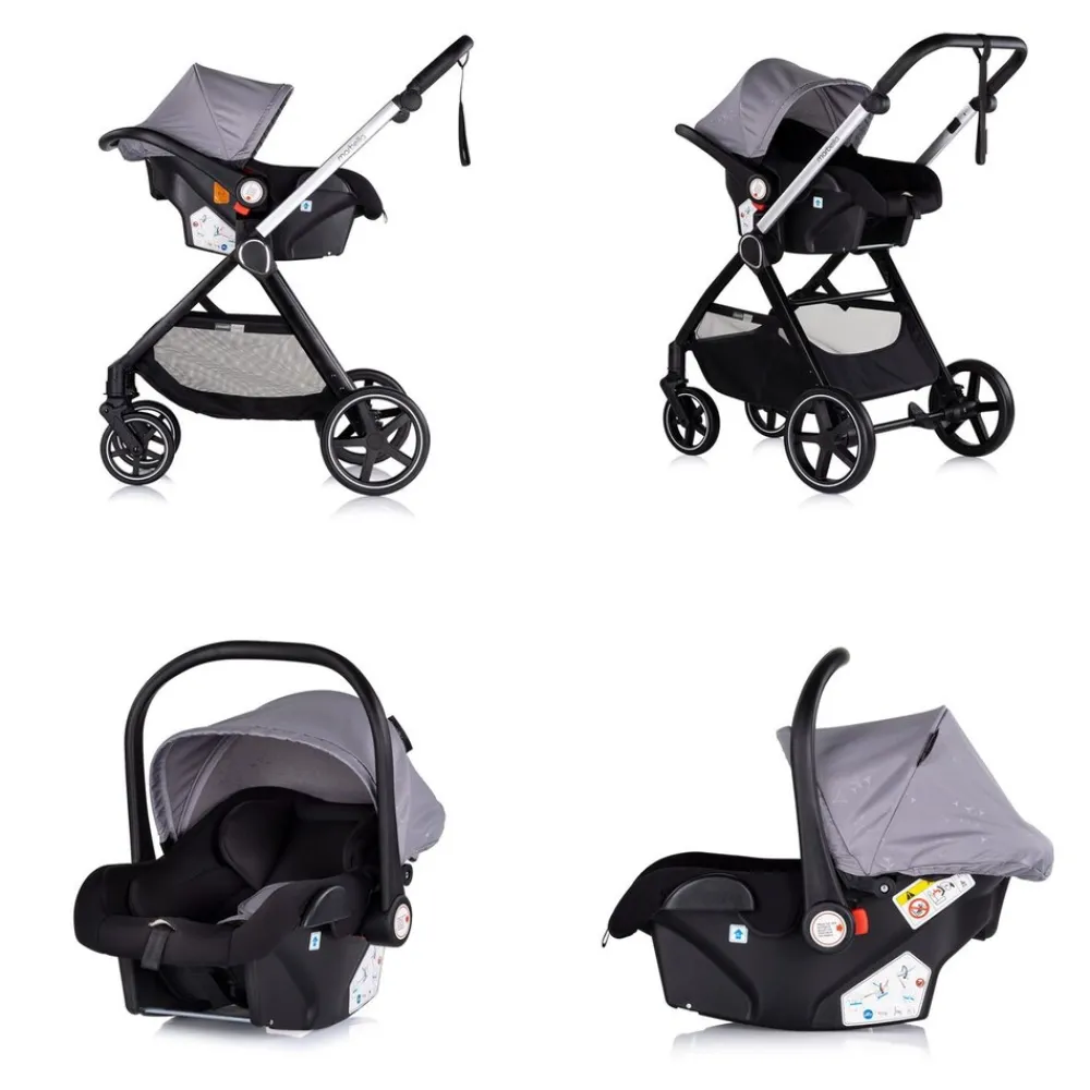 Chipolino Kombikinderwagen 3 in1 Marbella Fußabdeckung Einlage i-Size Babyschale grau rosa Clearance