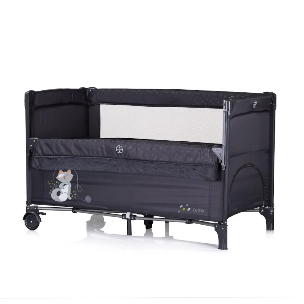 Reisebett Relax 2 Ebenen, Vorderseite absenkbar, Seiteneingang, Tasche schwarz/grau ^ Chipolino Best