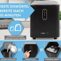 EWB 3798 Eiswürfelbereiter (Integrierter Wassertank 1,1 Liter, ca. 8-10 kg Eiswürfel in 24 Std., 2 Eiswürfelgrößen, LED-Anzeige, ECO Save-Energiesparmodus, Reinigungsprogramm, elektronische Steuerung mit 4 Kontrollleuchten, inkl. Eisschaufel, 120 ^ Clatronic Outlet