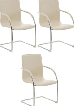 CLP 3er Set Freischwinger Melina Kunstleder I Konferenzstühle Mit Armlehne I Bürostühle Mit Metallgestell In Chrom-Optik creme Outlet