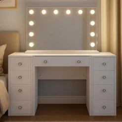 Schminktisch mit Beleuchtung und Spiegel. Glasplatte, LED und USB-Anschluss. Hollywood Schminkspiegel dimmbar. Kosmetiktisch Tiline ^ CLP Best