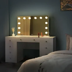 Schminktisch mit Beleuchtung und Spiegel. Glasplatte, LED und USB-Anschluss. Hollywood Schminkspiegel dimmbar. Kosmetiktisch Tiline ^ CLP Best