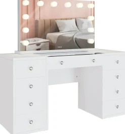 Schminktisch mit Beleuchtung und Spiegel. Glasplatte, LED und USB-Anschluss. Hollywood Schminkspiegel dimmbar. Kosmetiktisch Tiline ^ CLP Best