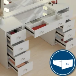Schminktisch mit Beleuchtung und Spiegel. Glasplatte, LED und USB-Anschluss. Hollywood Schminkspiegel dimmbar. Kosmetiktisch Tiline ^ CLP Best