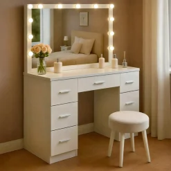 Schminktisch mit Beleuchtung und Spiegel 110x55 cm Ginny, Hollywoodspiegel LED-Licht dimmbar mit 3 Lichtfarben, mit Schubladen ^ CLP Sale