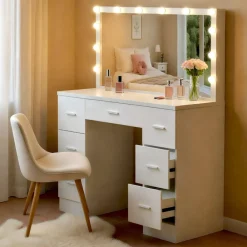 Schminktisch mit Beleuchtung und Spiegel 110x55 cm Ginny, Hollywoodspiegel LED-Licht dimmbar mit 3 Lichtfarben, mit Schubladen ^ CLP Sale