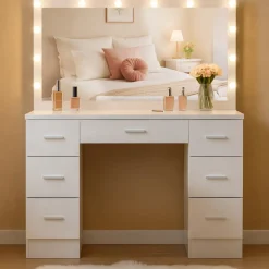 Schminktisch mit Beleuchtung und Spiegel 110x55 cm Ginny, Hollywoodspiegel LED-Licht dimmbar mit 3 Lichtfarben, mit Schubladen ^ CLP Sale