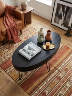 Couchtisch in Mango-Massivholz und Metall, 100x50x40 cm, Oval, mit Schublade, Stauraum und Haarnadelbeinen ^ KADIMA DESIGN Outlet