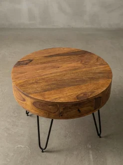 Couchtisch rund Braun, Massivholz mit Metallgestell, 60x44.5x60 cm, inklusive Schubladen ^ KADIMA DESIGN Online