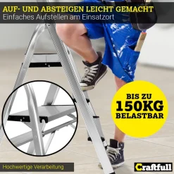 Craftfull Stehleiter CF-133B, Aluminium-Haushaltsleiter, Ablagefläche, Gummi-Standfüße, 3-6 Stufen (3 Stufen)