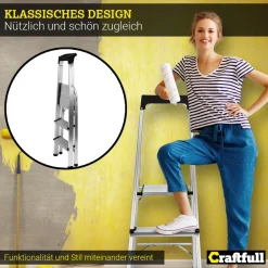 Craftfull Stehleiter CF-133B, Aluminium-Haushaltsleiter, Ablagefläche, Gummi-Standfüße, 3-6 Stufen (3 Stufen)