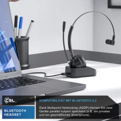 CSL Bluetooth Headset BT 5.3, Mikrofon, Noise Cancelling, Multipoint, mit Ladestation, kabellos, für Smartphone & PC New