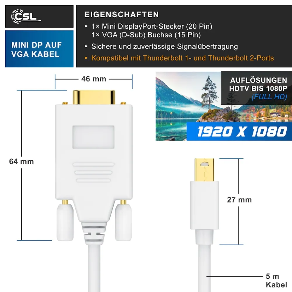 Mini Displayport zu VGA Audio- & Video Kabel, miniDP Monitor Adapter / Thunderbolt 1 & 2 kompatibel - 5m ^ CSL Clearance