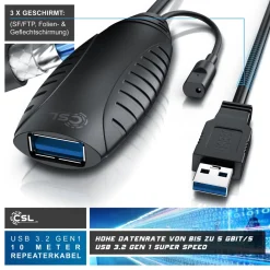 CSL 10m USB 3.2 Repeaterkabel Verlängerungskabel aktiv - USB 3.2 Gen1 - Repeater Verlängerung Verstärker Kabel Clearance