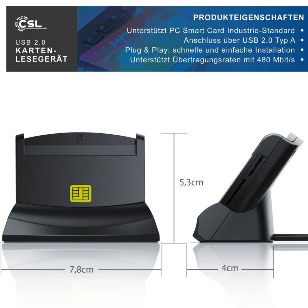 USB Chipkartenleser - SmartCard Reader - Cardreader - smart Card Reader - unterstützt Smart Cards und SIM Cards, Sdcard, Micro Sd ^ CSL Best