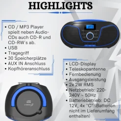CD-Player Radio mit Fernbedienung CD/MP3 USB AUX-In blau ^ Cyberlux Discount