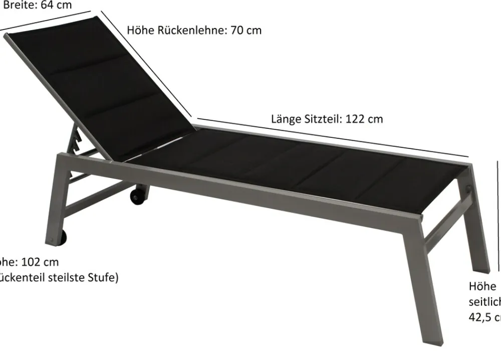Rollenliege GIRONA extra hoch, Aluminium silber + Textilgewebe gepolstert schwarz ^ DEGAMO Clearance