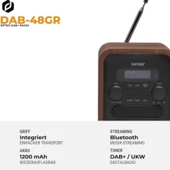 DAB-48 DAB+/ FM-Radio mit Bluetooth, Holzdesign, dunkelgrau ^ Denver Best