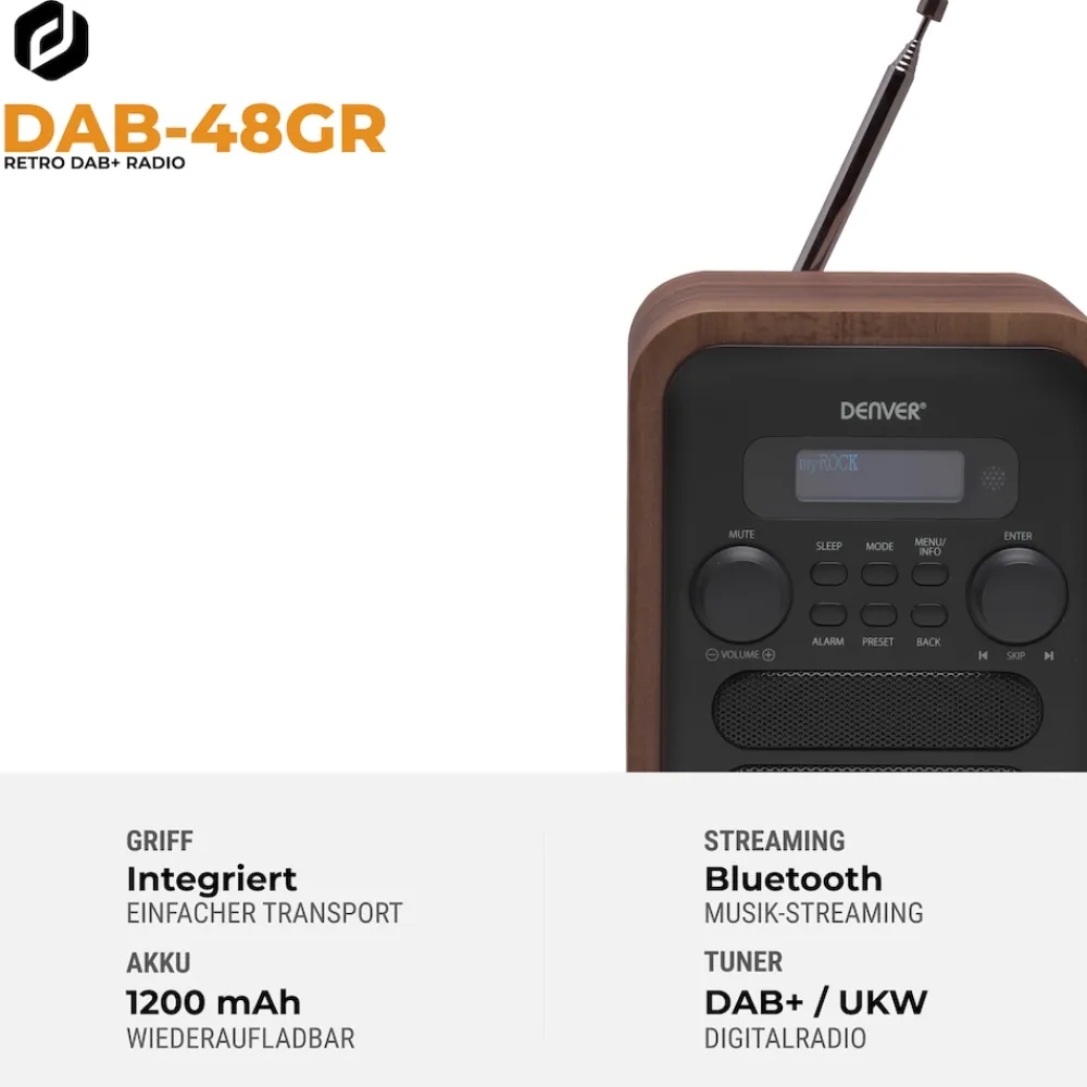 DAB-48 DAB+/ FM-Radio mit Bluetooth, Holzdesign, dunkelgrau ^ Denver Best