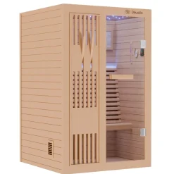 Finnische Sauna MINTO 120x120 Kabine aus Hemlock Tannenholz mit 3,5 kW Harvia Ofen, inkl Sauna Set ^ Dewello