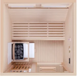 Finnische Sauna MINTO 120x120 Kabine aus Hemlock Tannenholz mit 3,5 kW Harvia Ofen, inkl Sauna Set ^ Dewello