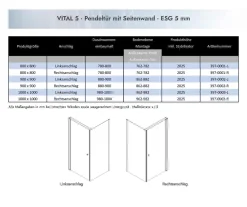 Dusbad Duschkabine Vital 5 Pendeltür + Seitenwand Anschlag:Rechts,Breite:90cm Best