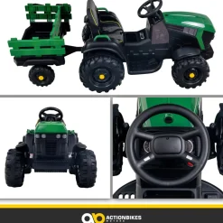 Elektro-Kindertraktor mit Anhänger, Staufach, Schaufel, Fernbedienung, 90 W, Bremsautomatik, TD925  (Grün/Schwarz) ^ Actionbikes Motors Online