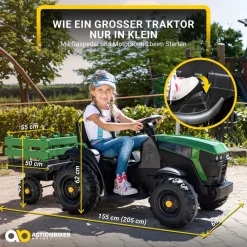 Elektro-Kindertraktor mit Anhänger, Staufach, Schaufel, Fernbedienung, 90 W, Bremsautomatik, TD925  (Grün/Schwarz) ^ Actionbikes Motors Online