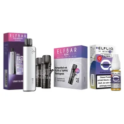 ELFBAR ELFA MASTER Basisgerät - Lunar Silver mit Refillable Pods 2er Pack und ELFBAR ELFLIQ - Blueberry Nicotine Salt Liquid 10ml 20mg ^ Elf Bar Online