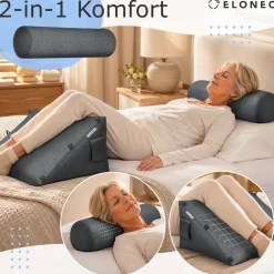 eloneo Rückenkissen breit mit Verstellbarer und Abnehmbarer Nackenrolle, Keilkissen für Bett und Sofa geeignet, dreieckiges Lesekissen, Kissen mit waschbarem Bezug, praktisches Seitenfach Anthrazit Sale
