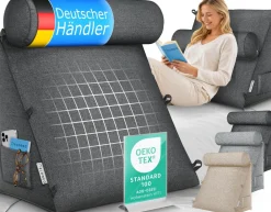 eloneo Rückenkissen breit mit Verstellbarer und Abnehmbarer Nackenrolle, Keilkissen für Bett und Sofa geeignet, dreieckiges Lesekissen, Kissen mit waschbarem Bezug, praktisches Seitenfach Anthrazit Sale