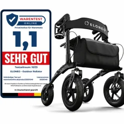 eloneo Rollator faltbar und leicht mit Sitz, Outdoor Rollator mit Luftbereifung, höhenverstellbar aus Aluminium Schwarz New