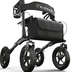 eloneo Rollator faltbar und leicht mit Sitz, Outdoor Rollator mit Luftbereifung, höhenverstellbar aus Aluminium Schwarz New
