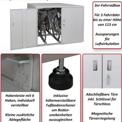 3er-Fahrradgarage -P93, Fahrradunterstand FahrradboxBikebox, abschließbar verzinkter Stahl 124x148x208cm ~ hellgrau ^ MCW Sale