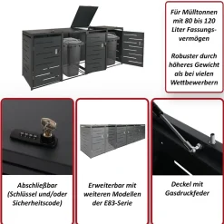 4er-Mülltonnenverkleidung -E83, Mülltonnenbox Mülltonnenabdeckung, erweiterbar 117x263x80cm ~ anthrazit, Stahl 108kg ^ MCW Discount
